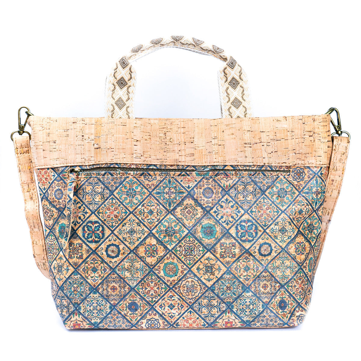 Natural Cork Tote with Printed Design and Cotton Woven Handles BAGF-087-8