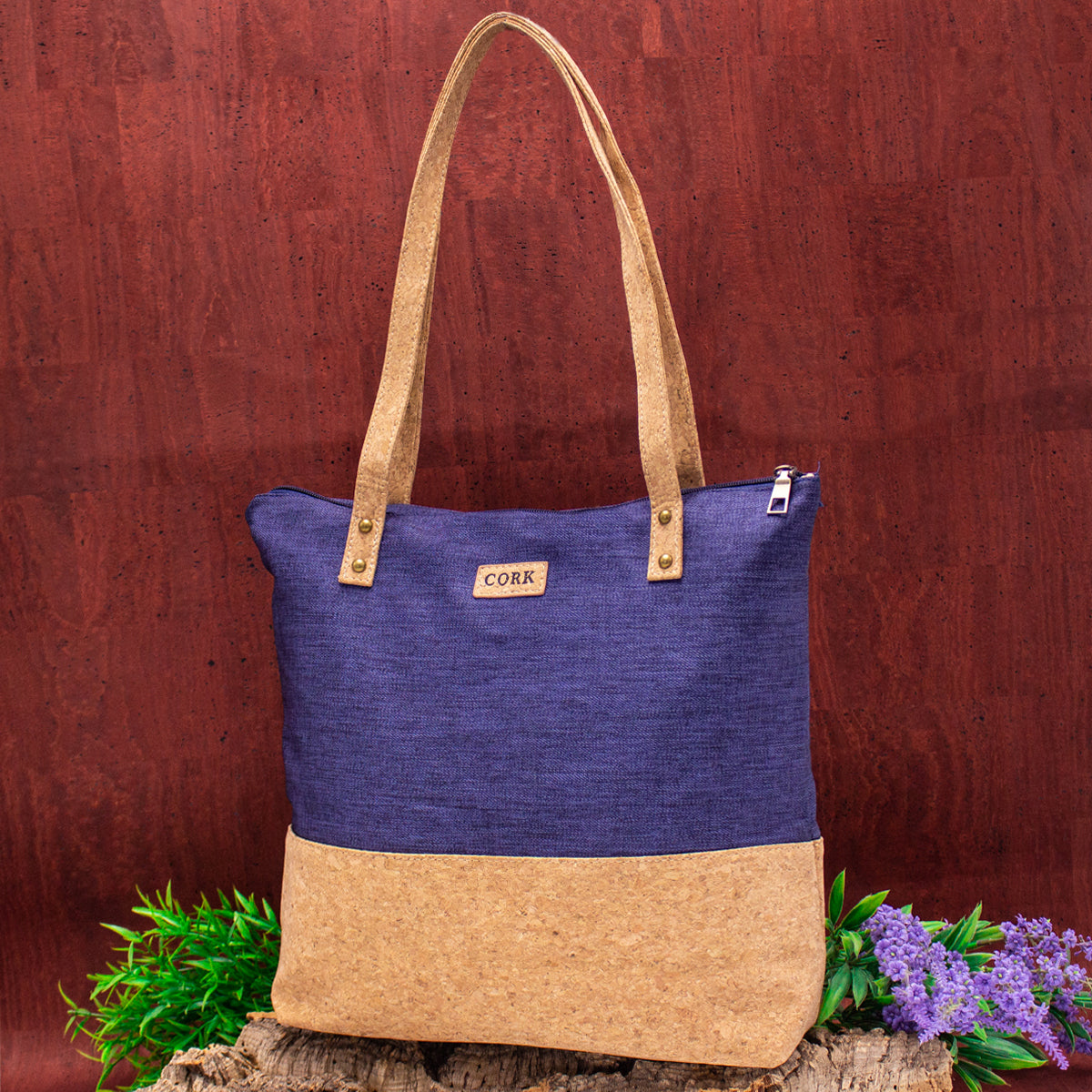 Blue Textile With Cork Women's Tote Bag BAG-623-D-4