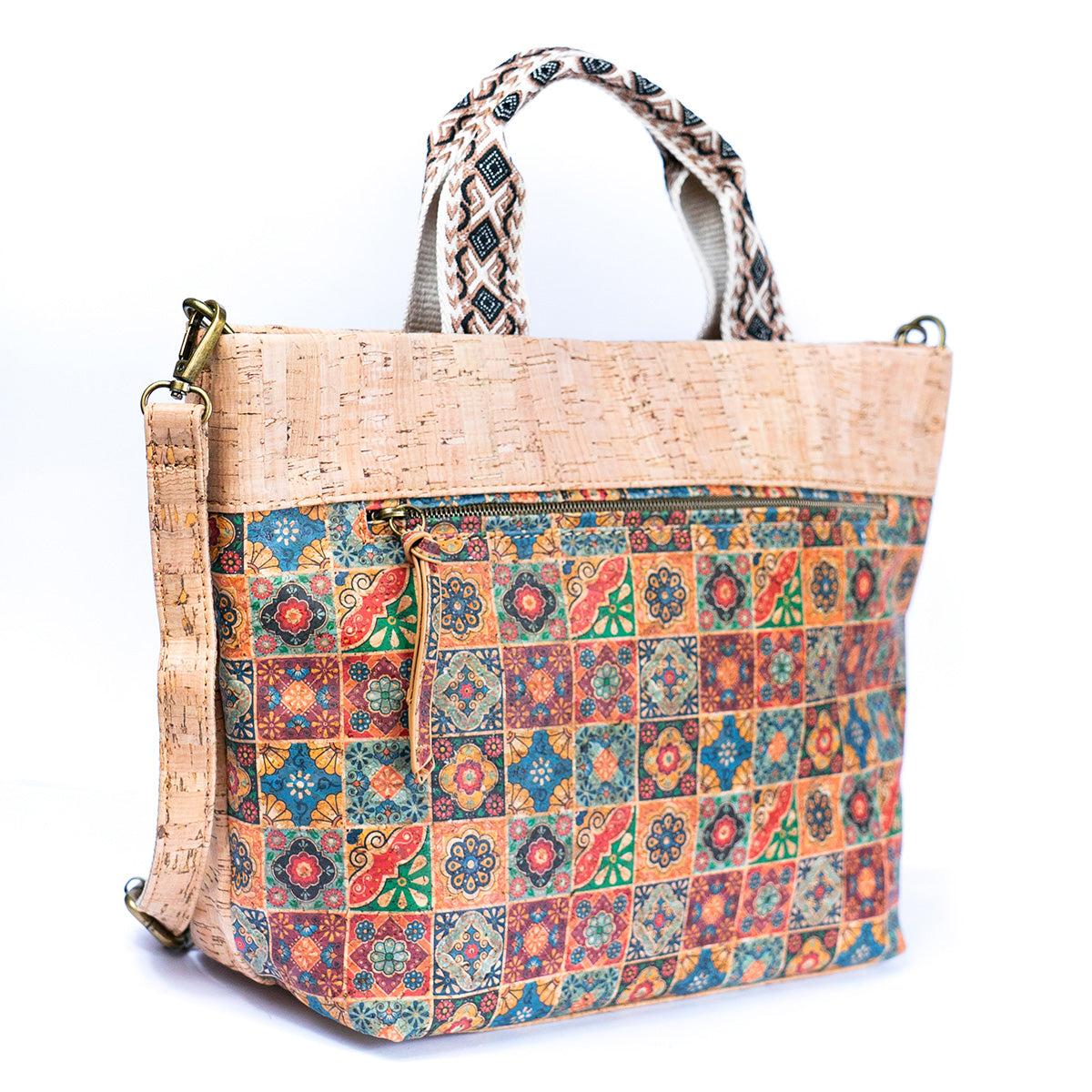 Natural Cork Tote with Printed Design and Cotton Woven Handles BAGF-087-1